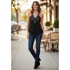Just One Black Embellished Halter Bubble Hem Top Size M Y2K Beaded Rhinestone